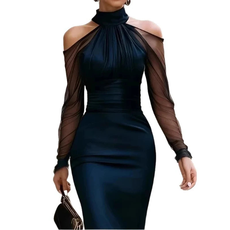 Women's High-End Temperament Neck-Hanging Evening Dress | Spring New Fashionable High Waist Luxury Gown | Elegant Turtleneck Full-Sleeve Floor-Length Banquet Dress | Straight Silhouette Model 56450 Luxegan