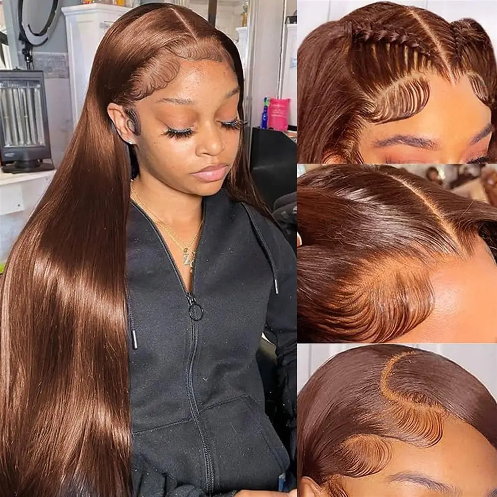 36-Inch Chocolate Brown Straight HD Lace Wig | Sophisticated 250% Density 13x6 & 13x4 Frontal | Elegant "100% Brazilian Remy" Silhouette | "Dignified" Pre-Plucked Curved Part Human Hair for Radiant Versatile Styling Luxegan