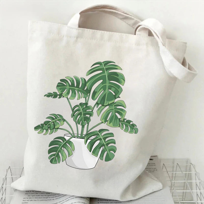 Monstera Plant Print Canvas Shopping Bag | Unisex Casual Large Capacity Shoulder Bag | Eco-friendly Reusable Grocery Shopper Tote