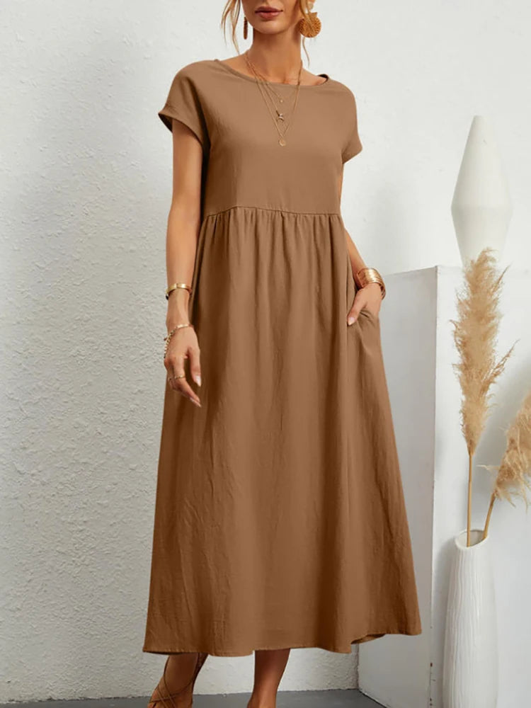 Women's Elegant Solid Maxi Dress | Vintage Harajuku Cotton Linen Long Dress | Summer Short Sleeve O-Neck Loose Sundress | Premium Y2K Minimalist Pocketed A-Line Luxegan