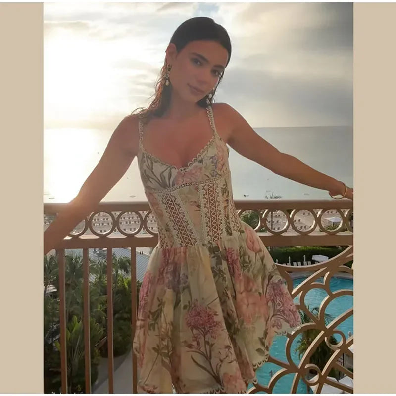 Floral Print Lace Patchwork Mini Dress Sleeveless Flared Hem Waist-cinching Spaghetti Strap Dresses Summer Chic Elegant Gown