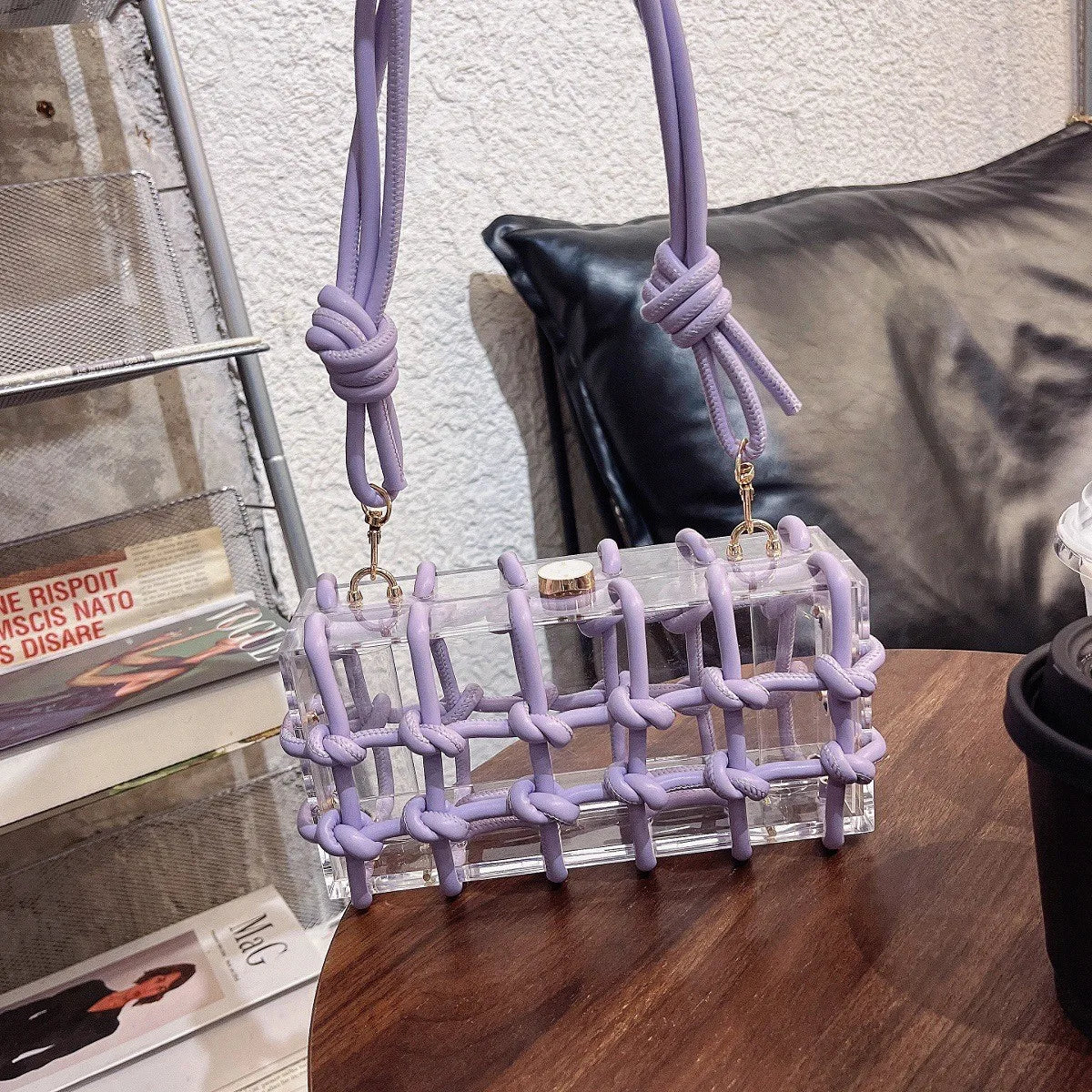 Diamond Clear Acrylic Box Evening Bag | Boutique Woven Knotted Rhinestone Purse | Luxury Party Clutch with Crystal Rope Handle & Metal Chain (Model 1201000988) Luxegan