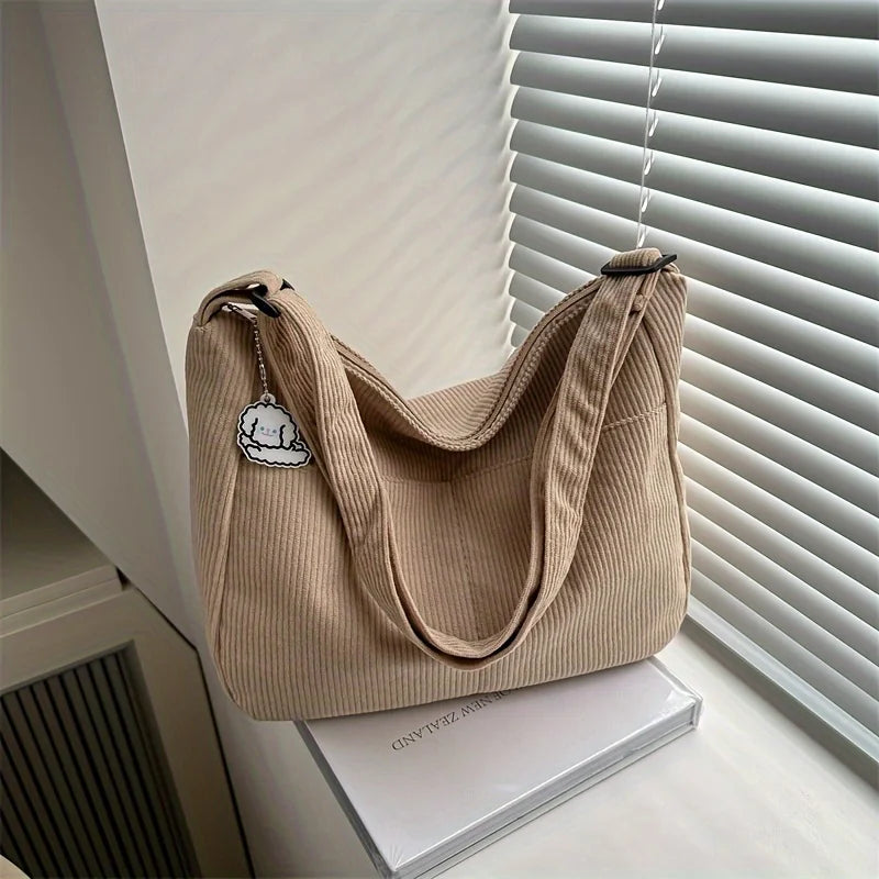Women's Corduroy Shoulder Bag | Casual Striped Large Capacity Tote with Zipper (Cute Hat Patch, Everyday Use) Luxegan