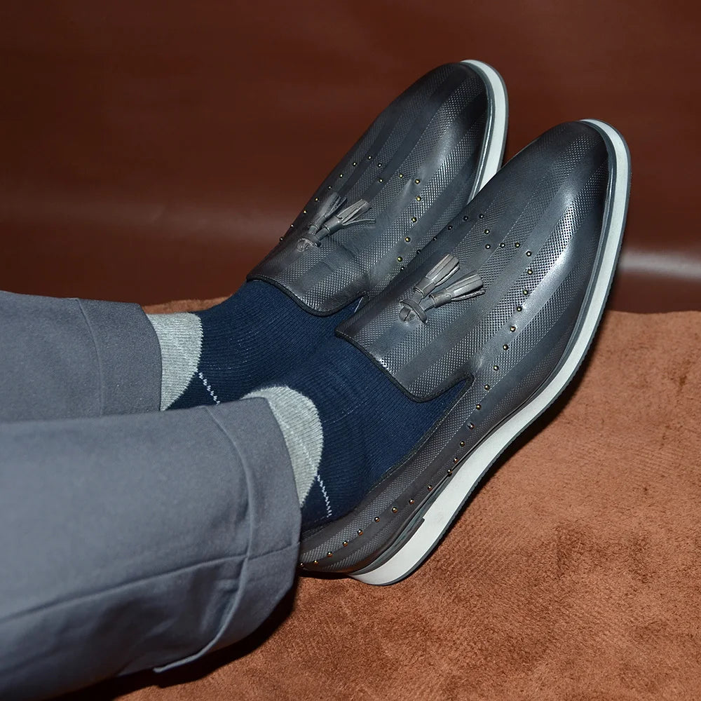 Classic European Gray Genuine Leather Loafers | Sophisticated Rivet & Tassel Accents | Elegant "Genuine Cow Leather" Silhouette | "Dignified" Sheepskin Insole & Non-Slip Rubber for Radiant Versatile Styling Luxegan