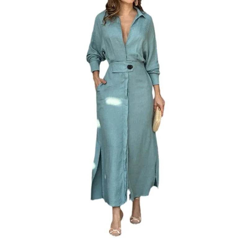 Women's Dress Autumn New Fashion Elegant Long Sleeve Leisure Solid Color V Neck Sexy Ladies Shirt Dresses Commuting Streetwear