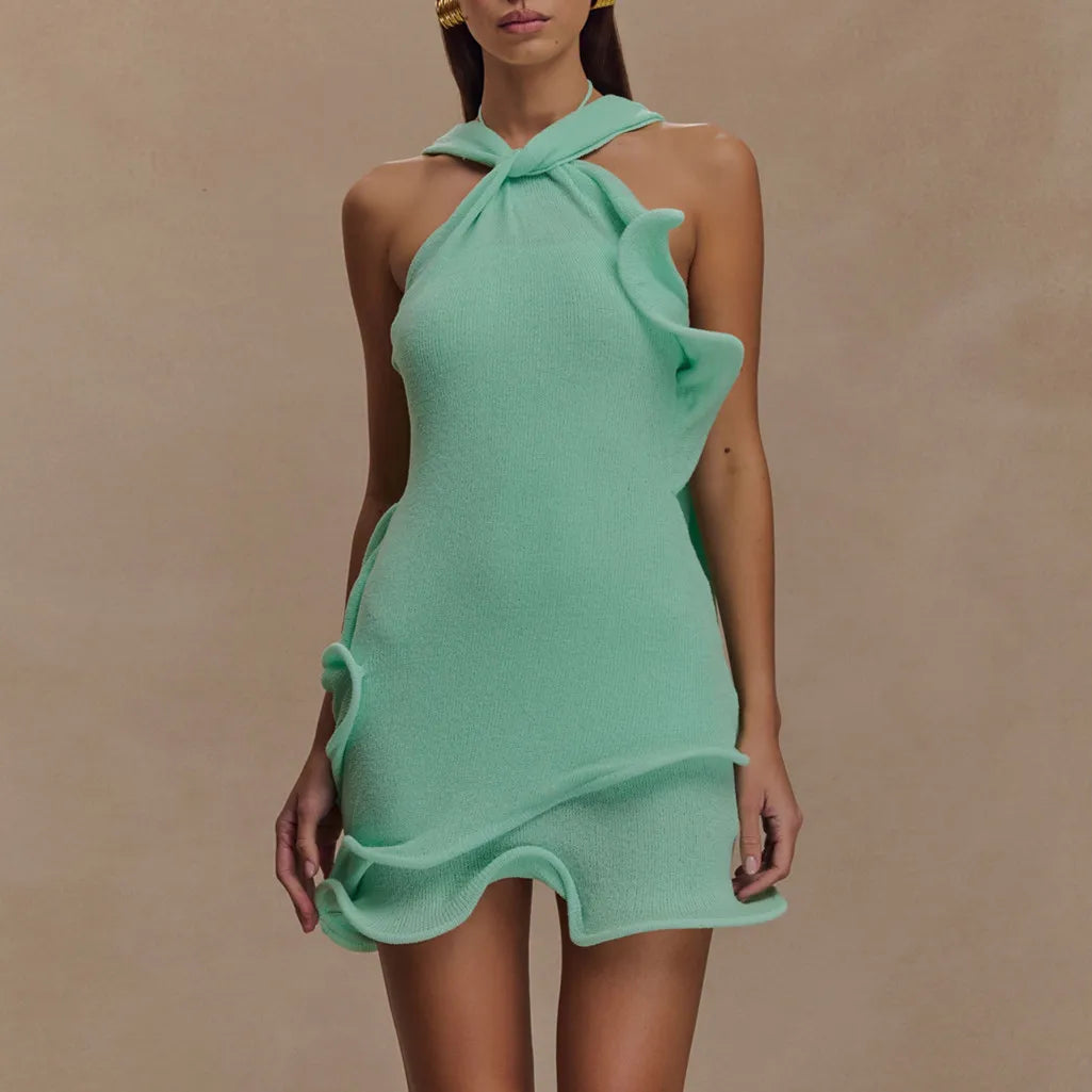 Solid High Street Halter Neck Sleeveless Spaghetti Strap Slim Sheath Mini Dress with Backless Detail – Medium-Stretch Polyester-Elastane, Natural Waist, Summer Luxegan