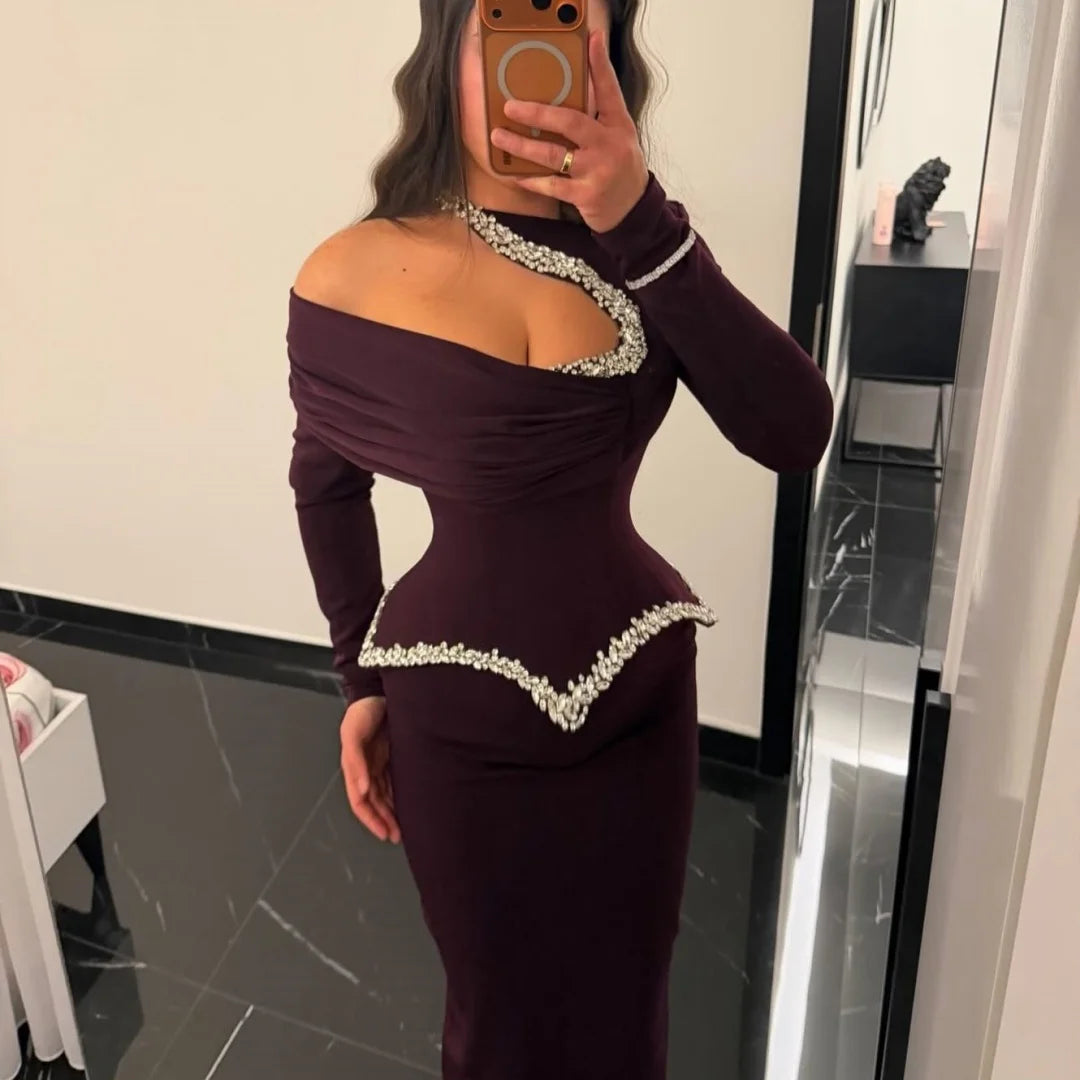 Mila Plum Off Shoulder Prom Dresses Long Sleeves Beaded Trim Mermaid Floor Length Customized Formal Evening vestidos de gala