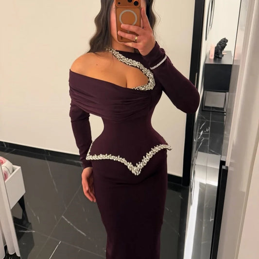 Mila Plum Vestidos de Noche de Fiesta con Hombros Descubiertos Manga Larga Adornos de Cuentas Corte Sirena Hasta el Suelo Formales Personalizados vestidos de gala
