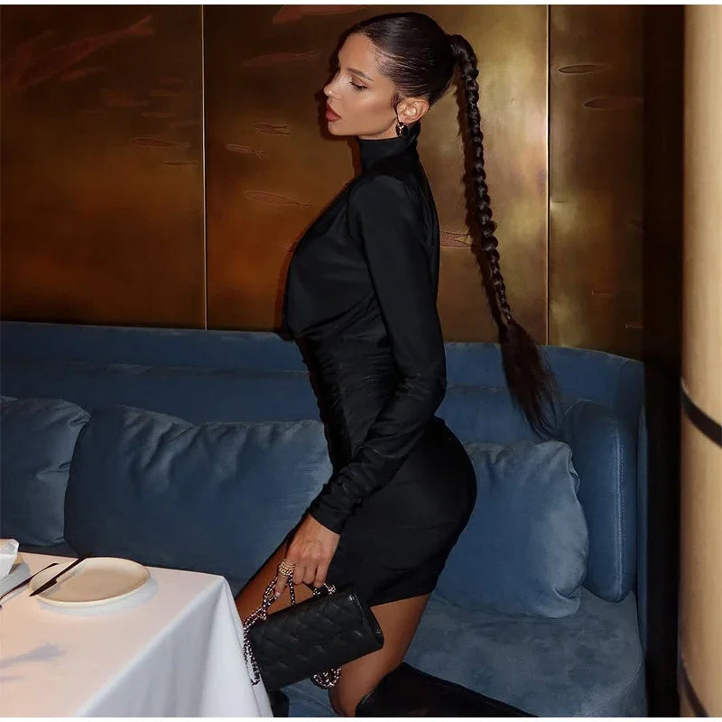 Women Black Pleated Shoulder Pad Dress Fashion Full Sleeve High Collar Slim Mini Dresses 2025 Lady Daily Commute Elegant Gowns