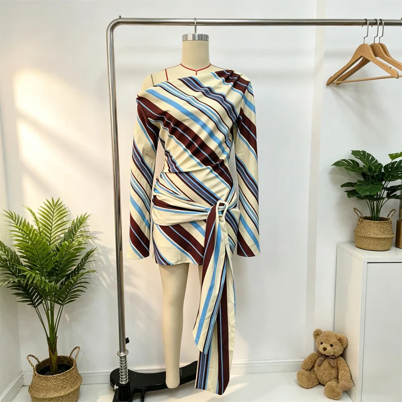 Women's Striped Skew Collar Long Sleeve Mini Dress – Slim Sheath Luxegan