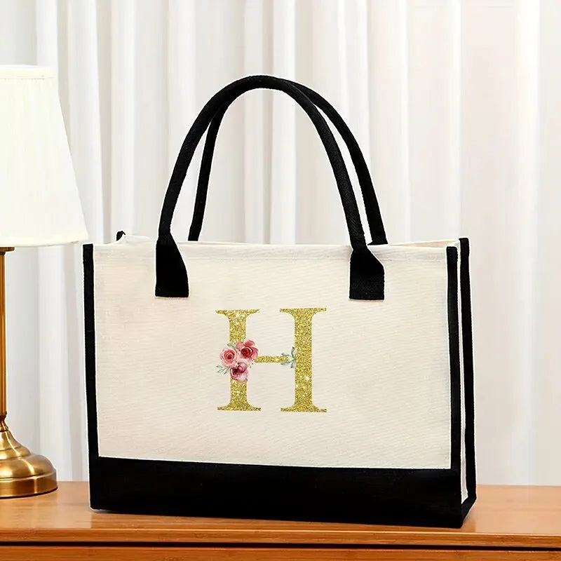 Canvas Gold Letter Fashion Tote Bag | Trendy Metallic Initial Handbag | Large Capacity Canvas Shopping Bag & Daily Satchel for Women Luxegan