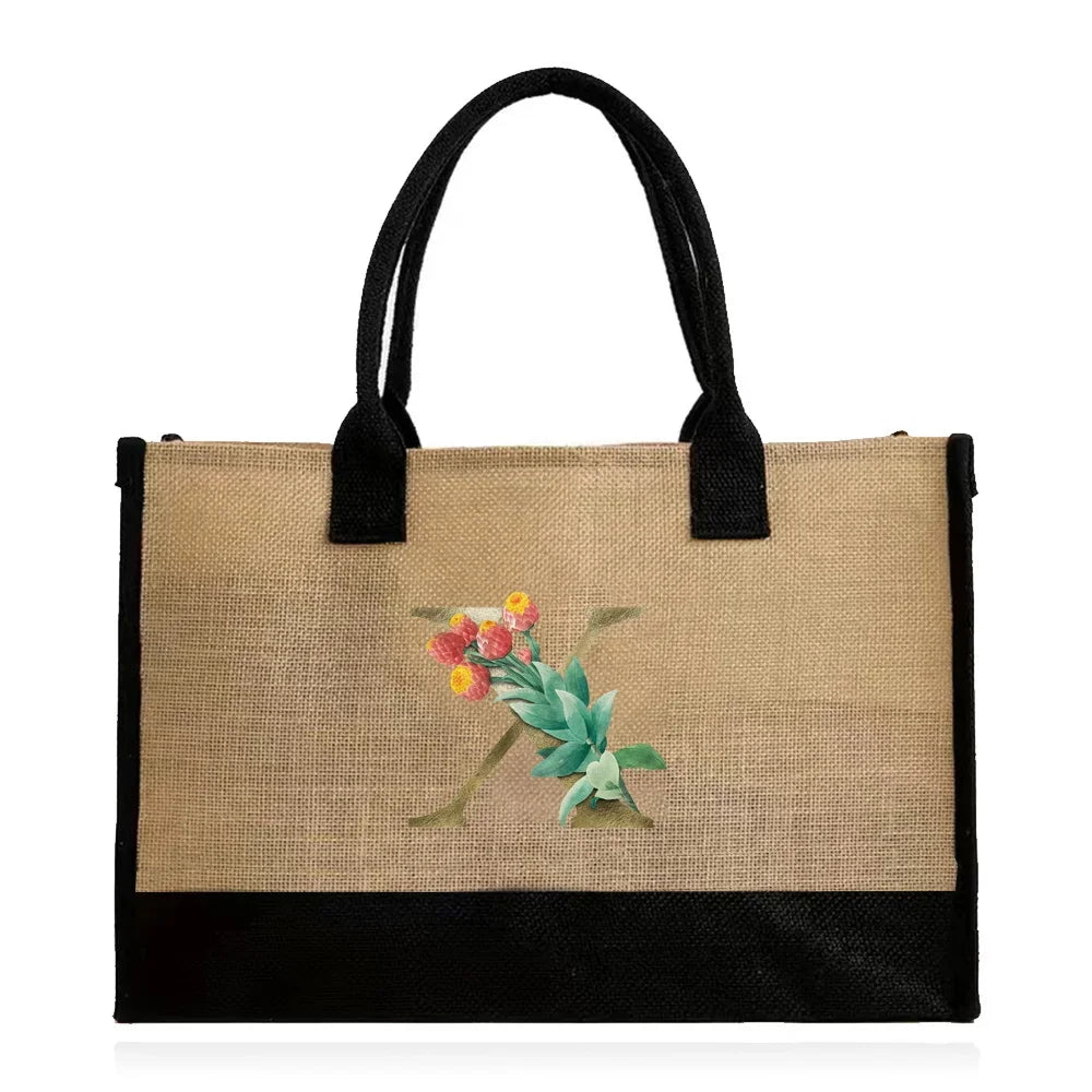 Handmade Jute & Canvas Beach Shopper | Large Capacity Portable Grocery Organizer | Eco-Friendly Woven Women’s Handbag with Golden Flower Pattern Luxegan