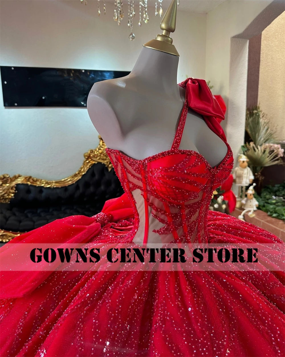 Red Puff Ruched Train Ball Gown Quinceanera Dress With Bow One Shoulder Beaded Appliques Sweet 15 Vestidos De 15 Años Customized