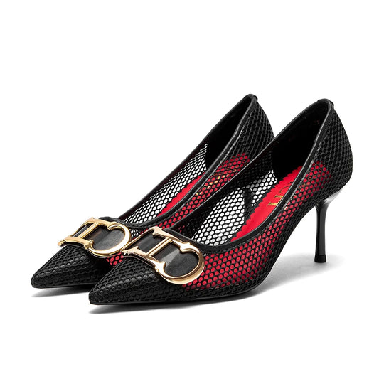 Spring New Hollow Business Pumps | Sophisticated 7cm Red T-Strap Heels | Elegant "Pointed Toe" Canvas Evening Shoes | "Dignified" High-Street Footwear for Radiant Versatile Styling Luxegan