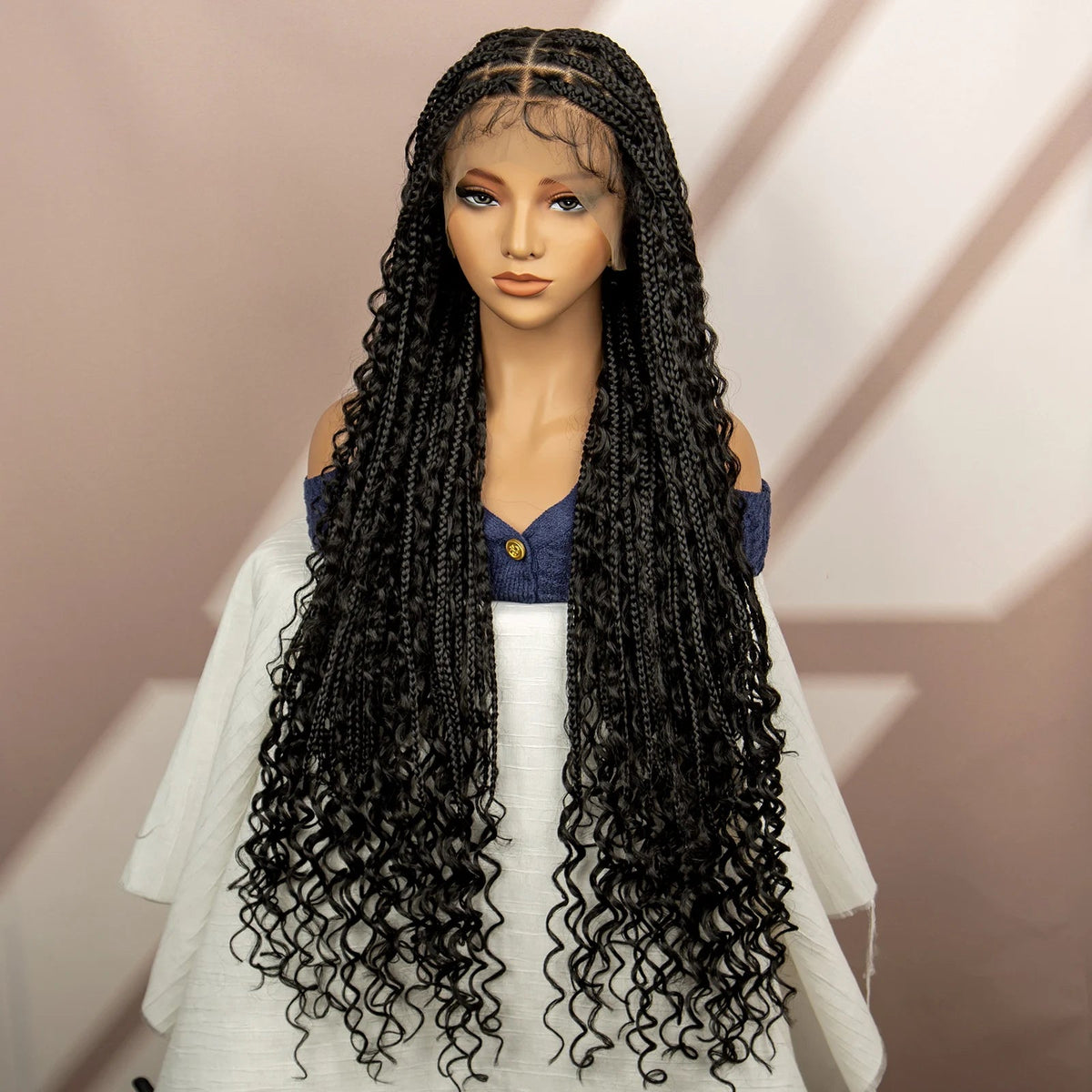 Synthetic Full Lace Bohemian Box Braided Wigs with Baby Hair Boho Box Braided Wigs Curly Hair Full Lace Front Wigs Luxegan