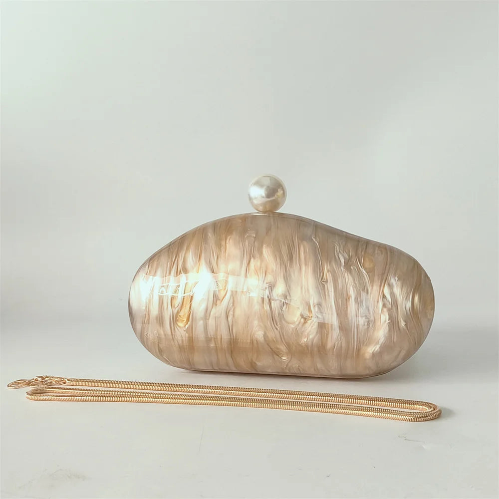 Luxury Pearl Acrylic Shell Clutch | Sophisticated "Oval Lady" Silhouette | Elegant Dinner Party Chain Purse | "Dignified" High-Performance Hard-Shell Essential for Radiant Versatile Styling Luxegan