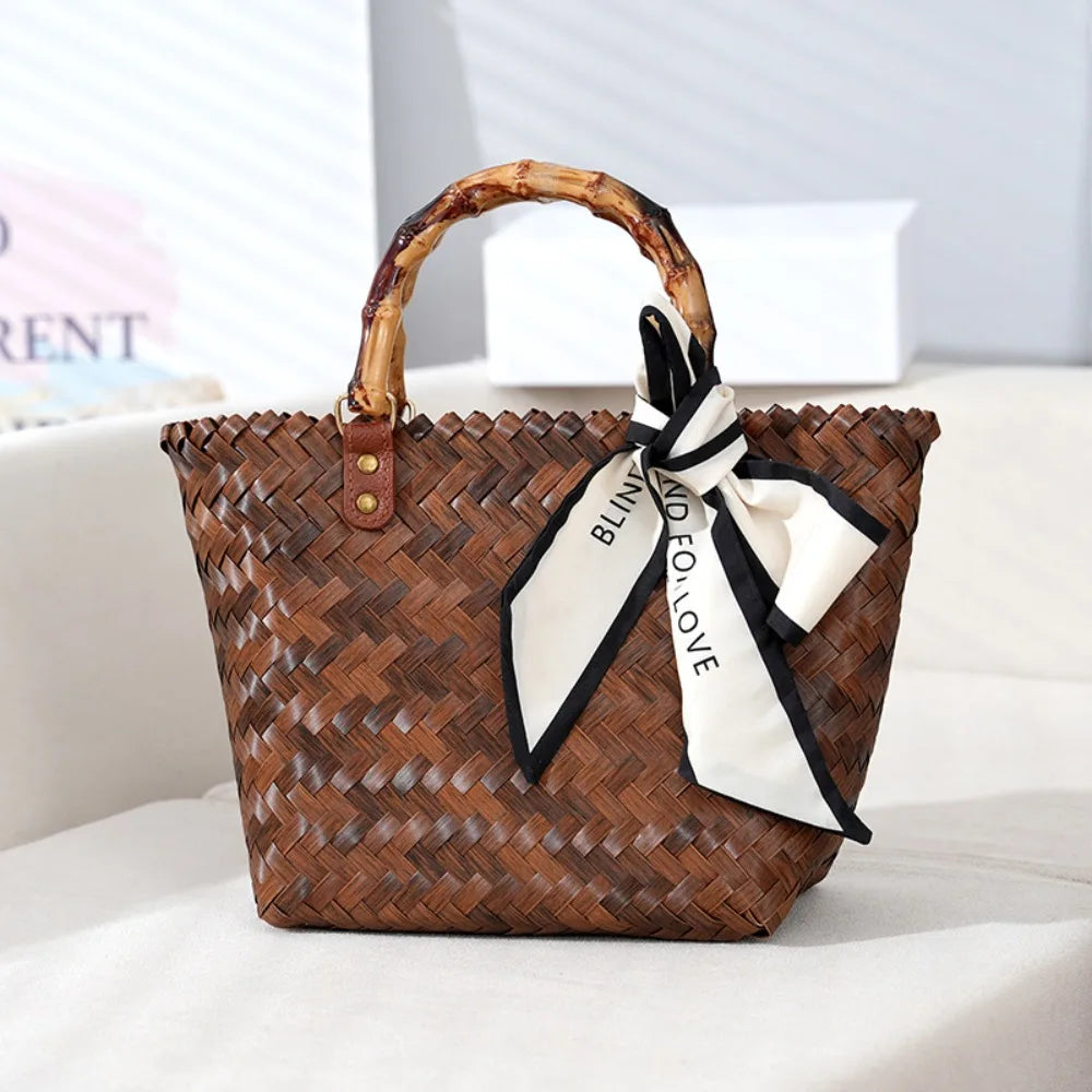 Women's Woven Large Capacity Bamboo Handle Handbags | Crochet Bag & Casual Female Shopping Tote (Vacation Beach Bag) Luxegan