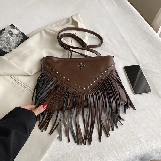 Fashion Vintage Leather Crossbody Messenger Bag | Boho Style Shoulder Bag with Tassel & Rivet Cross Decor (Women) Luxegan