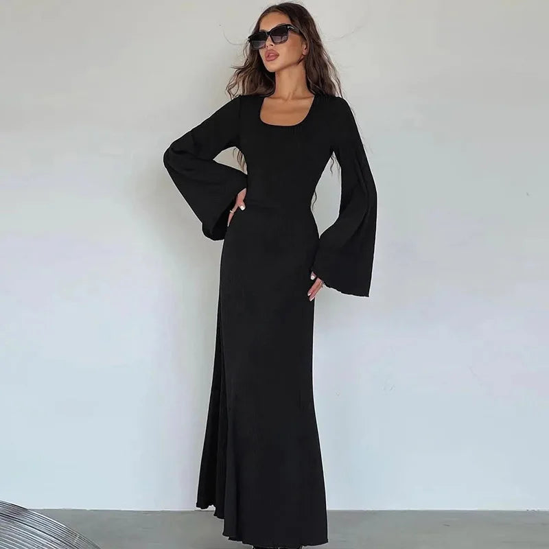 Long Flare Sleeved Maxi Floor-Length Dress | Summer Solid Color Casual Office Lady Dress | Premium High-Stretch Slim Fit Lace-Up Vestido | Elegant O-Neck Empire Waist Spring/Summer Long Gown Luxegan