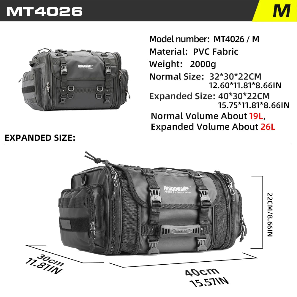 Motorcycle Rear Seat Travel Bag & Expandable Luggage | Heavy-Duty Waterproof Motor Tail Trunk Rack Bag | Premium High-Capacity 19L-80L Moto Storage | Models MT4026 / MT4045 / MT4060 / MT4080 Luxegan