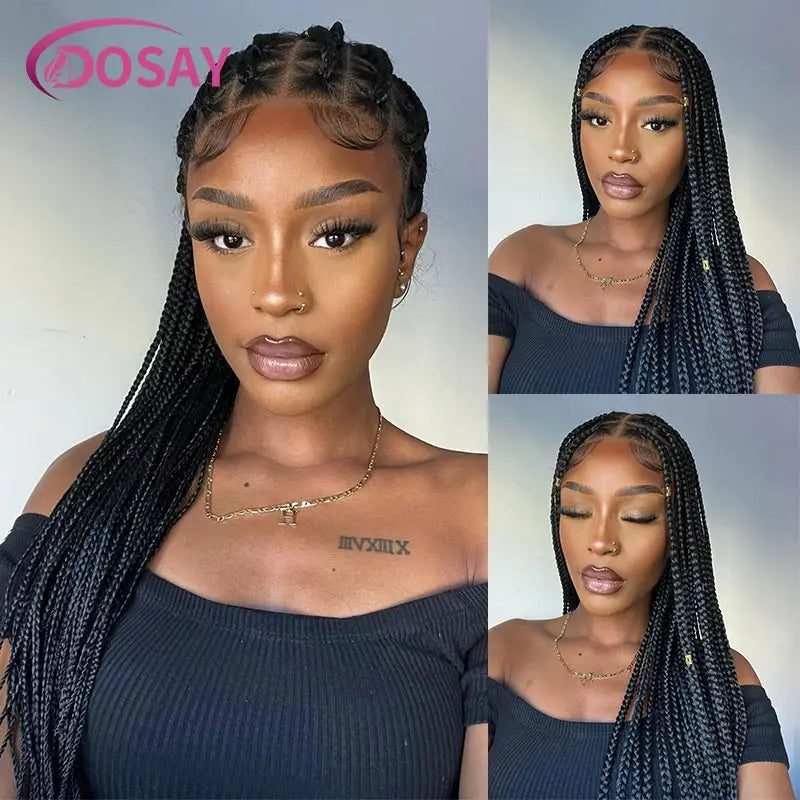 36" Full Lace Braided Wigs Synthetic Hair Box Braids Lace Front Wigs Knotless Braided Wigs For Black Women Braiding Wigs African Luxegan