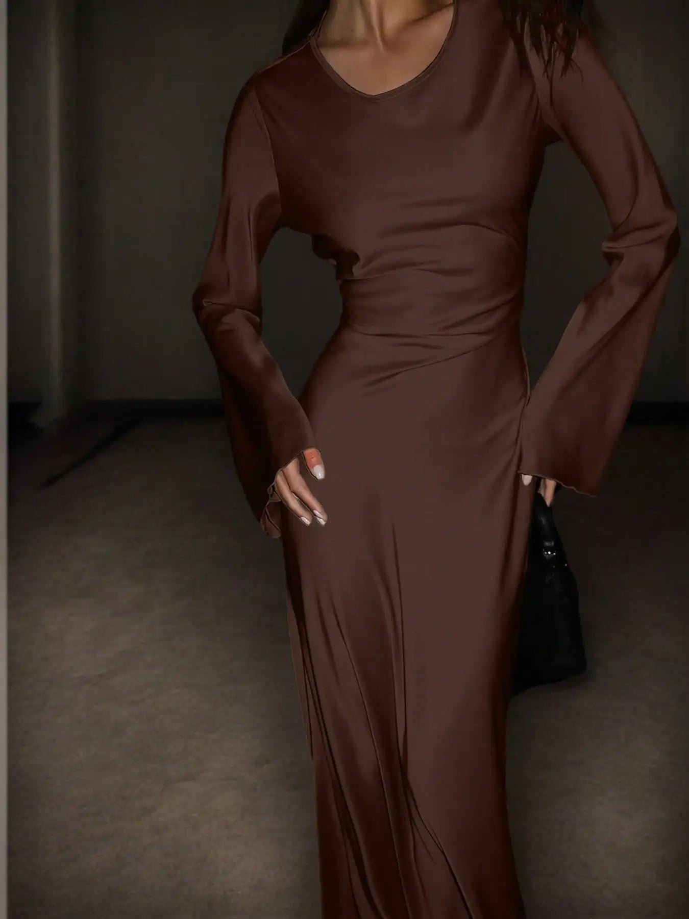Bespoke Satin Corset Maxi Dress | Dramatic Flared Sleeve Luxury Evening Gown | Solid Round-Neck Slim Fit Mermaid Dress Luxegan