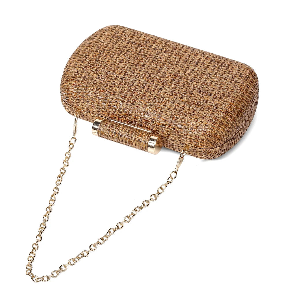 Summer Crochet Vintage Dinner Bag | Hand-Woven Straw Weaving Clutch Bag & Chain Crossbody Bag Luxegan