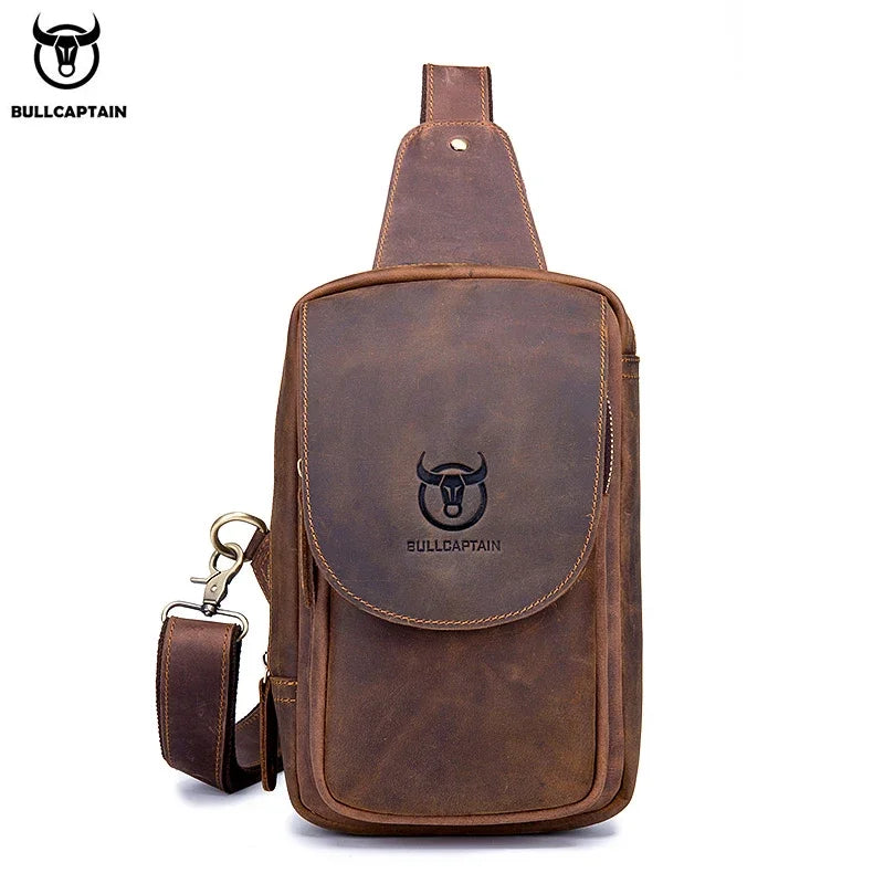 BULLCAPTAIN Bolsos cruzados para hombre de cuero Crazy Horse, bolso de pecho de cuero, bolsos cruzados retro para hombre con bolsillo de cremallera, bolso de viaje corto