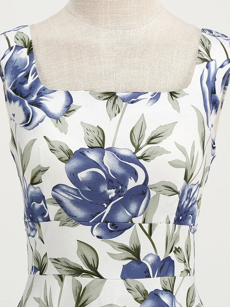 Print Vintage Square Neck Sleeveless Regular Fit A-Line Knee-Length Dress – Non-Stretch Cotton-Elastane Blend, Empire Waist, Summer Luxegan