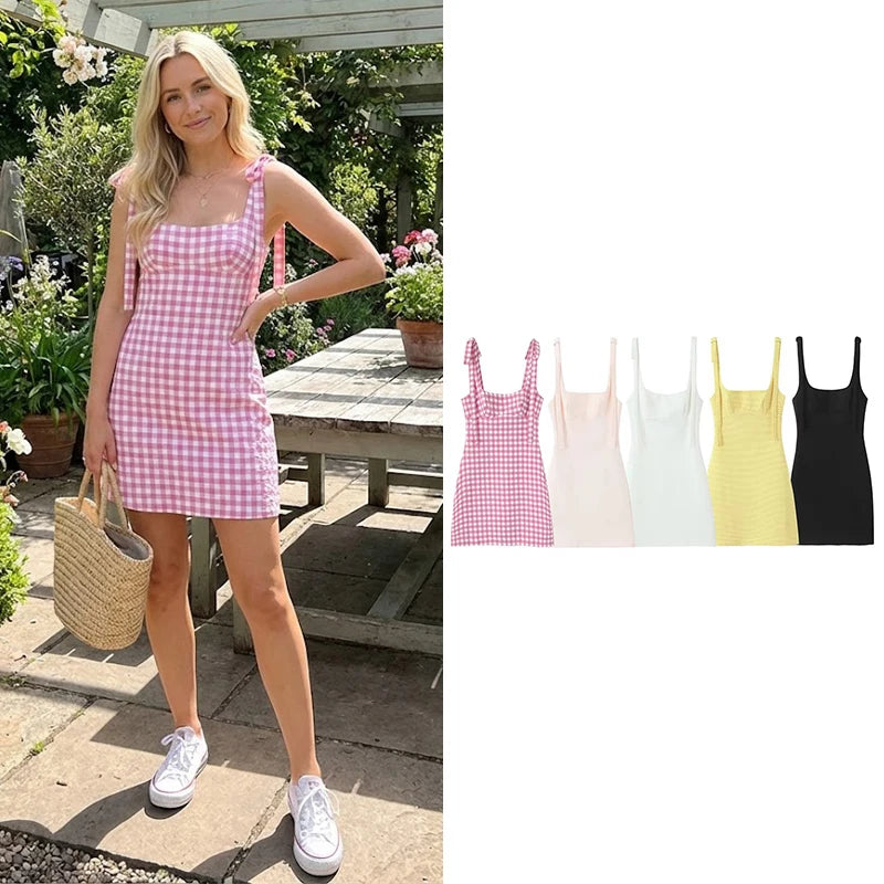 Square Collar Lace-Up Backless A-Line Mini Dress | Spaghetti Strap Zipper Vintage Cami Dress Luxegan