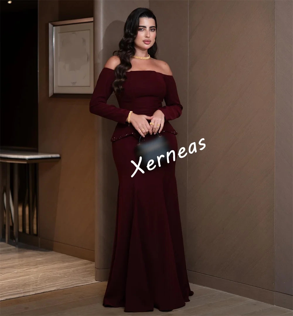 Glitter Jersey Off-Shoulder Trumpet Gown – Long Sleeve, Floor-Length Evening Dress Luxegan