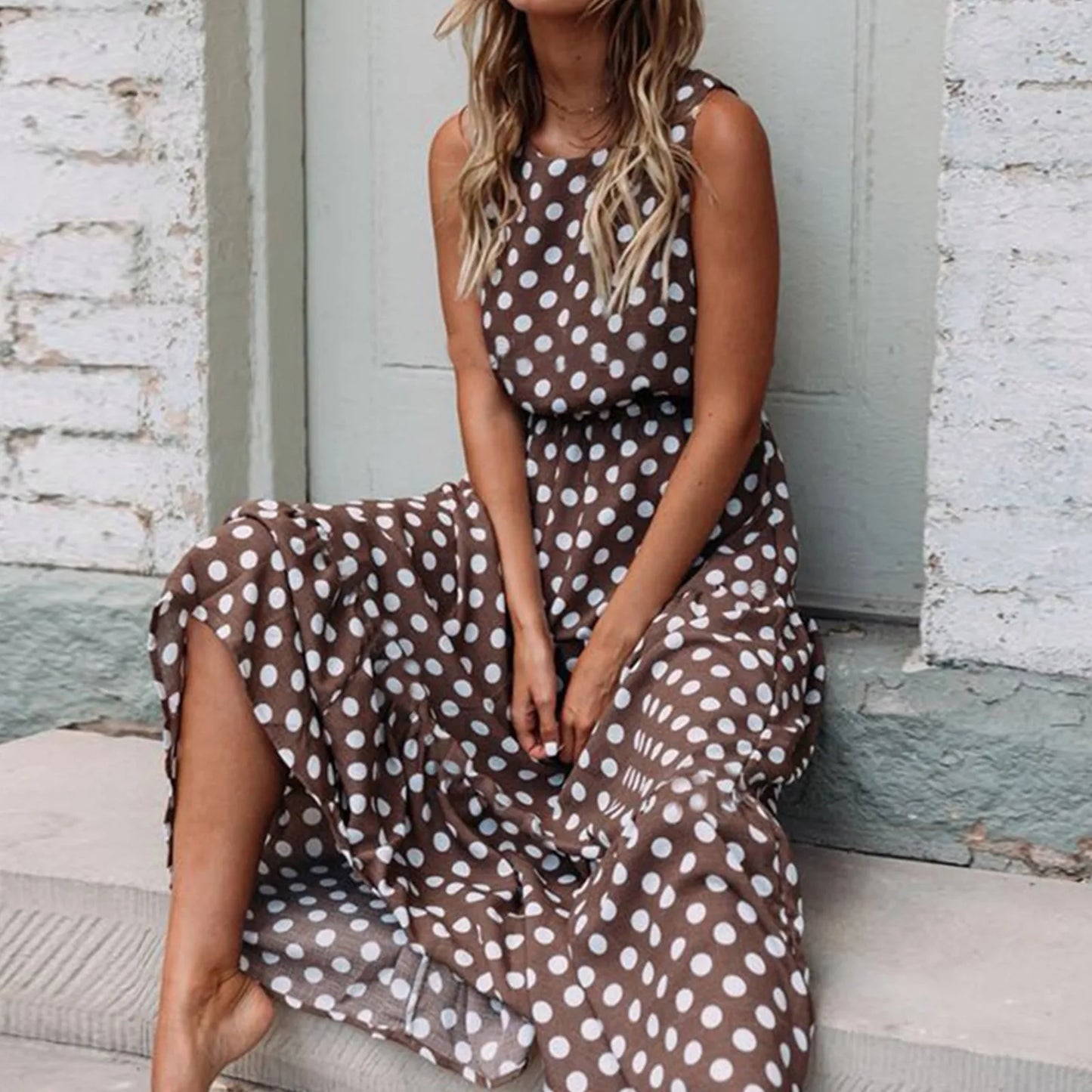 Polka Dot Boho Sundress Women Summer Beach Maxi Long Dresses Sexy Elegant Sleeveless Belts Evening Party Dress Vestido De Mujer