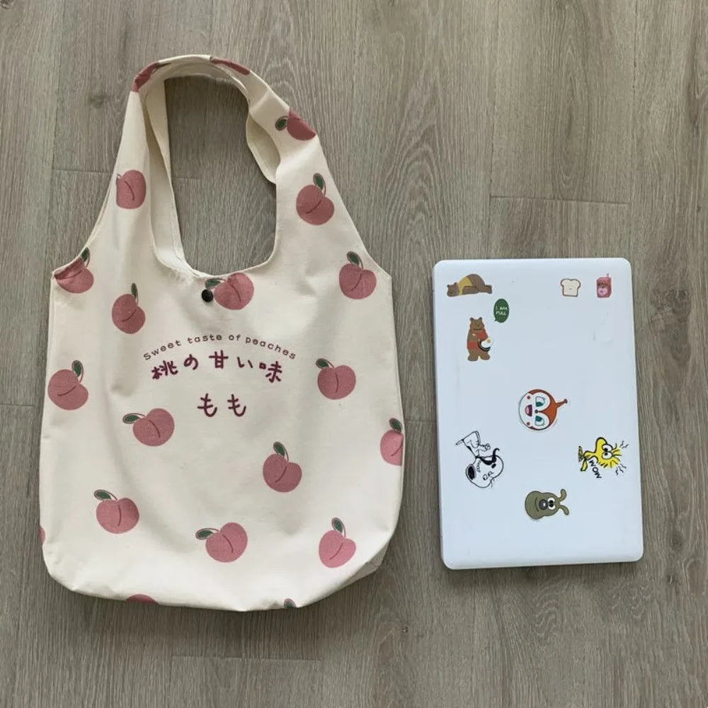 Aesthetic Strawberry & Peach Tote Bag | School & Shopper Handbag Luxegan