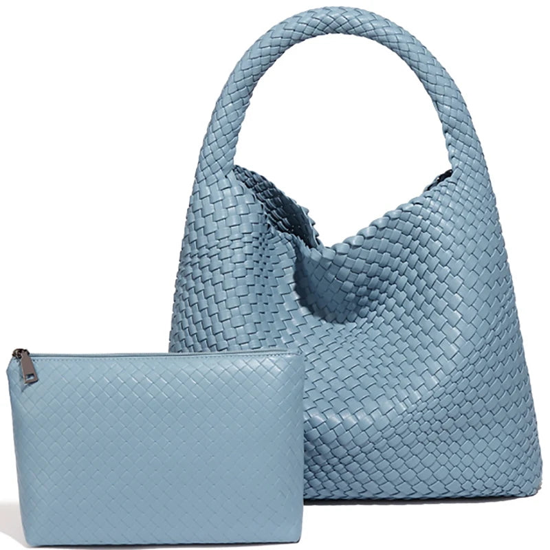 Large Woven PU Leather Shoulder Bag | Soft Summer Beach Shopper with Purse Luxegan