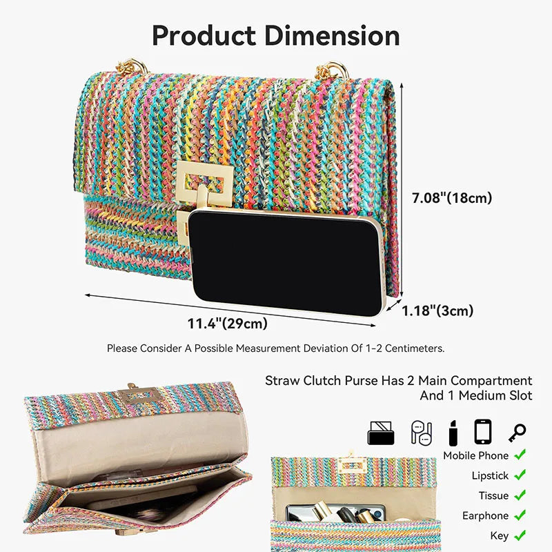 Straw Envelope Evening Party Handbag | Women's Woven Clutch & Chain Crossbody Purse Luxegan