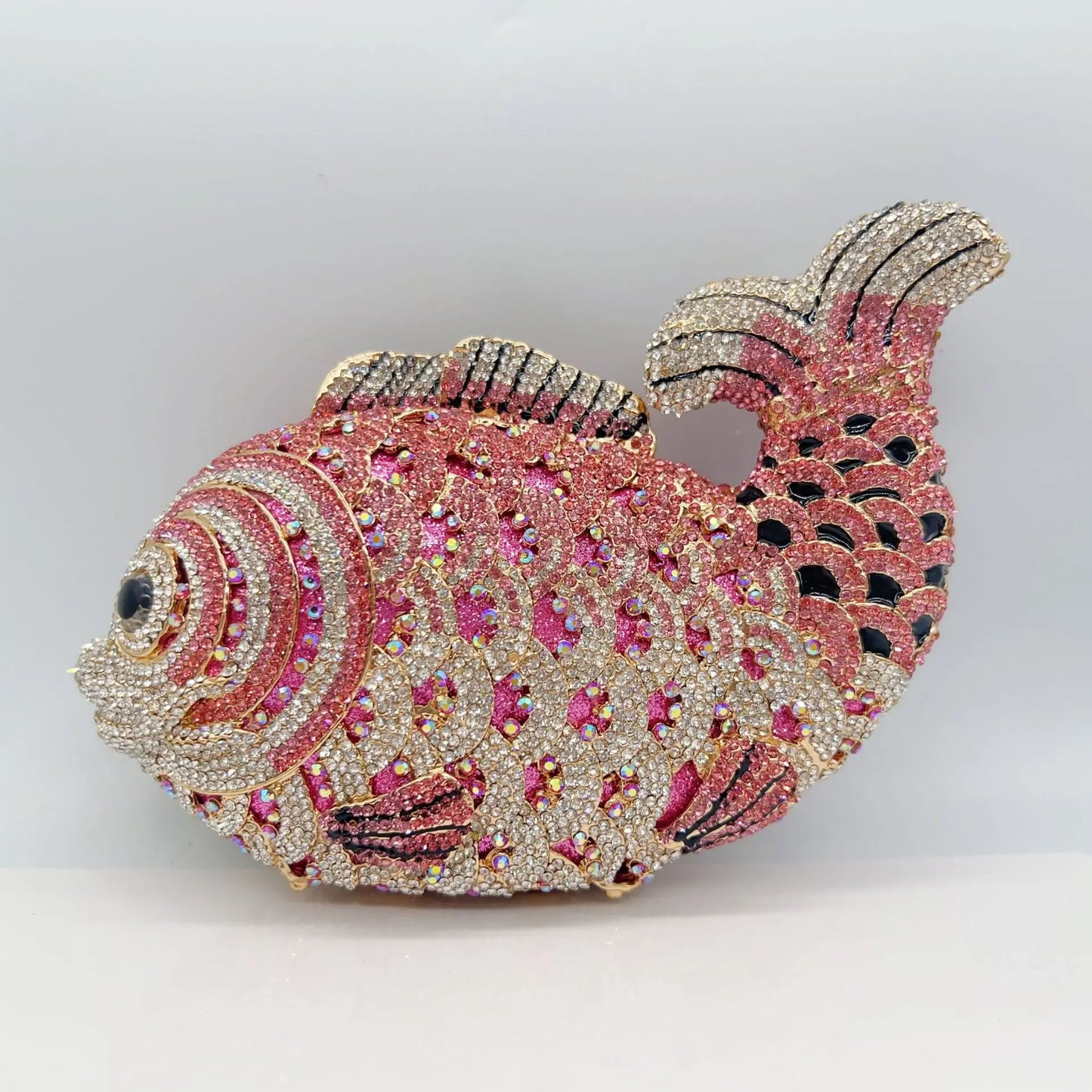 Women's Rhinestone Fish Evening Minaudiere Bag | Luxury Gold Stone Bridal Clutch Purse | Premium Metallic Hard Shell Wedding Handbag | Elegant Genuine Leather Lined Party Dinner Purse Model 01 Luxegan