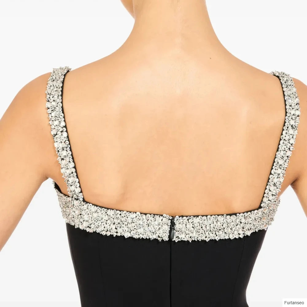 Crystal Bow Straight Prom Gown | Square Collar Sleeveless Backless Tea-Length Dress Luxegan