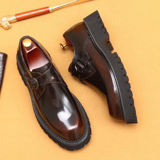 British Casual Genuine Leather Derby Shoes | Sophisticated Thick-Soled Formal Footwear | Elegant "Patent Cowhide" Silhouette | "Dignified" Slip-On Oxford-Style Shoes for Radiant Versatile Office & Career Styling Luxegan