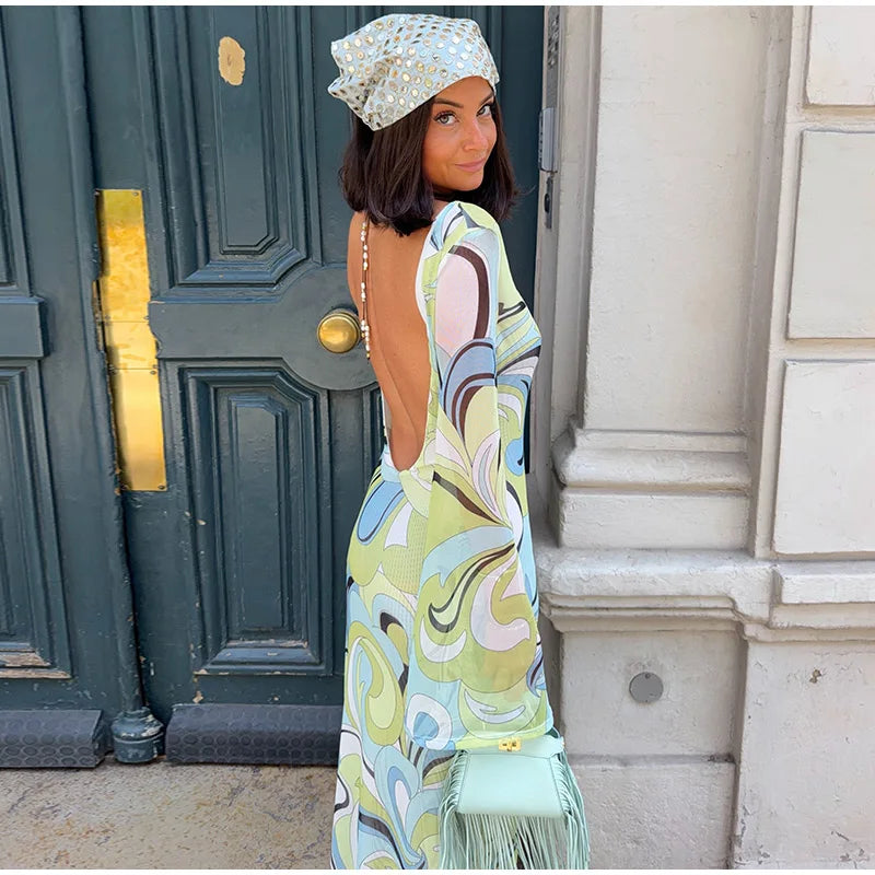 Print Round Neck Long Flared Sleeve Backless Slim Fit Trumpet/Mermaid Ankle-Length Dress – Empire Waist, Spring/Summer Luxegan