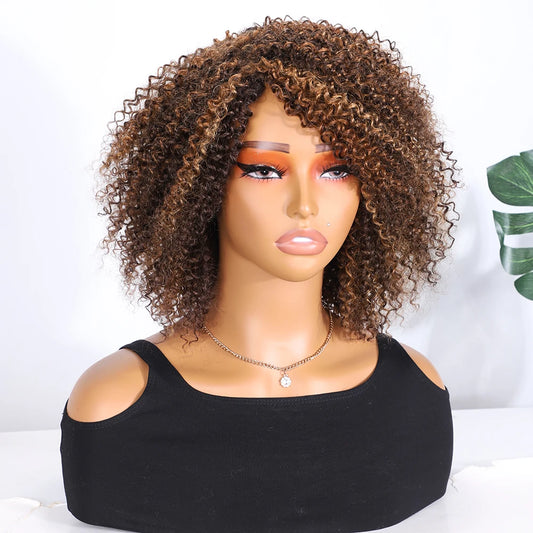 Dark Brown Afro Kinky Curly Human Hair Wig with Bangs - Full Machine-Made Glueless Short Jerry Curly Wig - 100% Brazilian Remy Human Hair Chocolate Brown Wig for Women (4-16 Inch) Luxegan