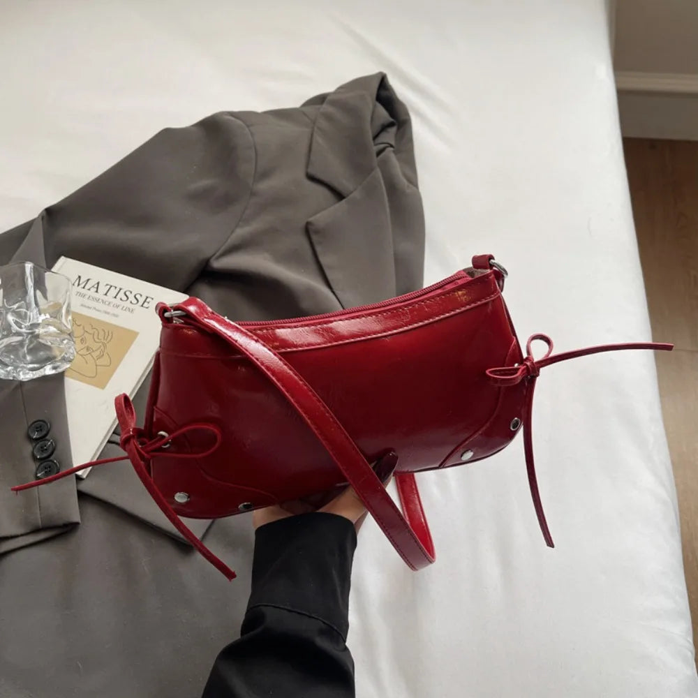 Y2K Designer Solid Color Shoulder Bag | Fashion PU Leather Bow Tie Armpit Bag for Women & Girls Luxegan