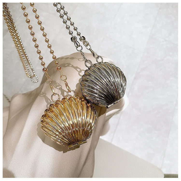 Metallic Heart Shell Minaudiere | Hard Golden/Silver Designer Evening Clutch Luxegan