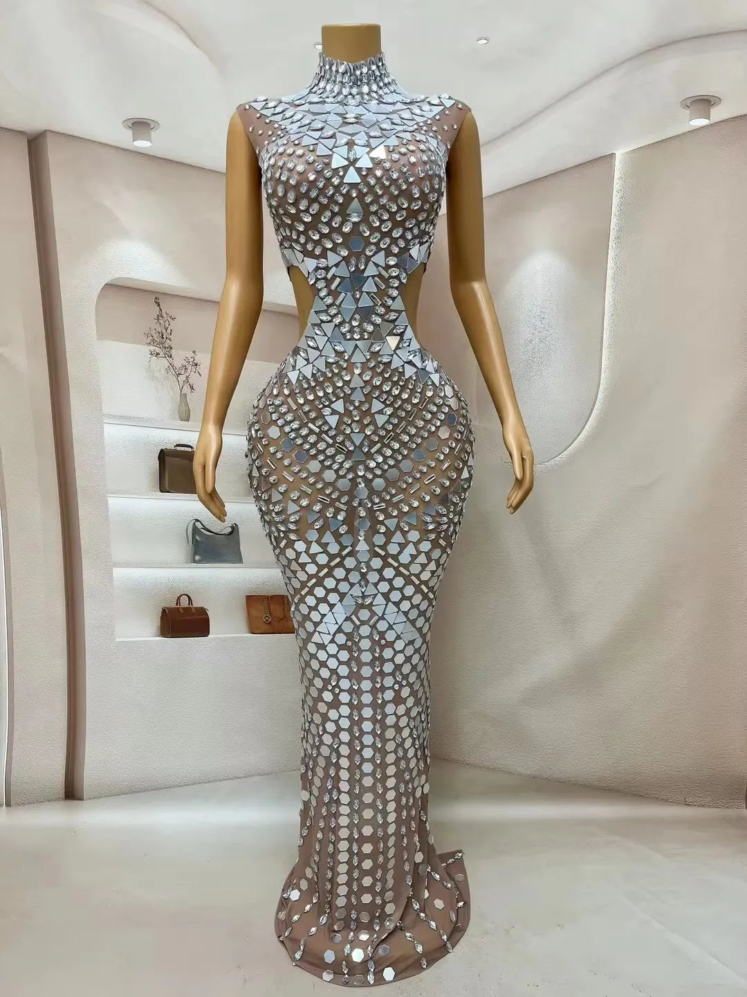 Rhinestone Sequin Mermaid Maxi Dress | Turtleneck Luxury Party & Prom Gown Luxegan