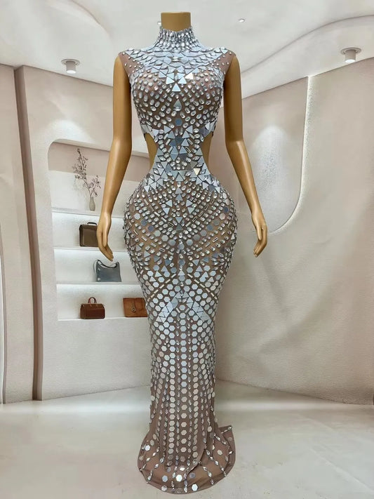 Rhinestone Sequin Mermaid Maxi Dress | Turtleneck Luxury Party & Prom Gown Luxegan