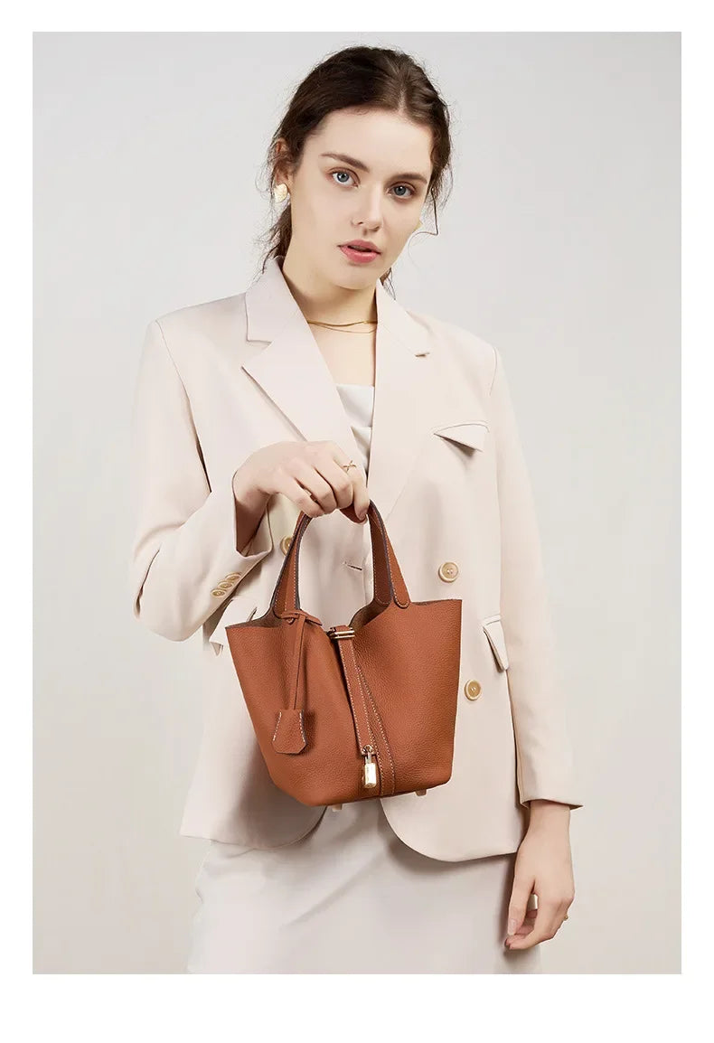 Fashion Women's Mini Genuine Leather Bucket Bag | Soft Litchi Pattern Tote with Lock | Mommy/Bride Wedding Shoulder Handbag Luxegan