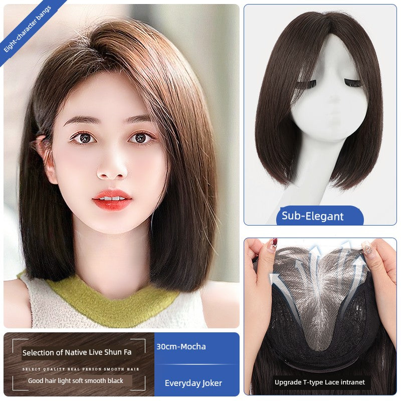 Natural Full-Head Human Hair Wig | Classy Collarbone Length Short Straight Wig with Oblique Bangs for Women (Sweet & Lovely, Elegant Style) Luxegan