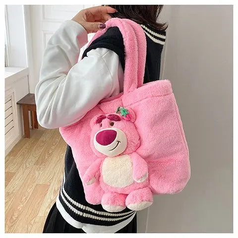 New Cartoon Plush Doll Shoulder Bag | Sweet and Cute Stitch Strawberry Bear Soft Cute Girls Handbag Luxegan