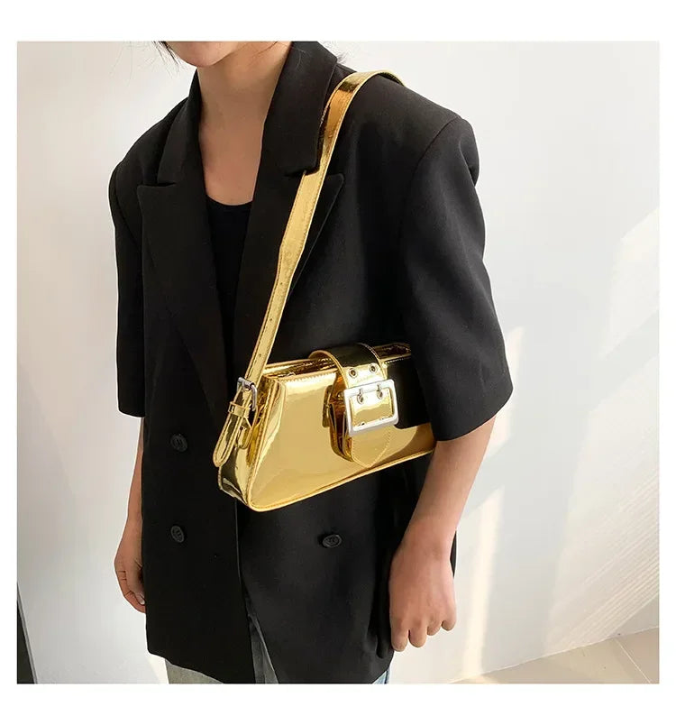 New Luxury Design Women's Glossy PU Leather Armpit Bag | Fashion Party Handbag (Patent Leather Silver Shoulder & Crossbody Bag) Luxegan