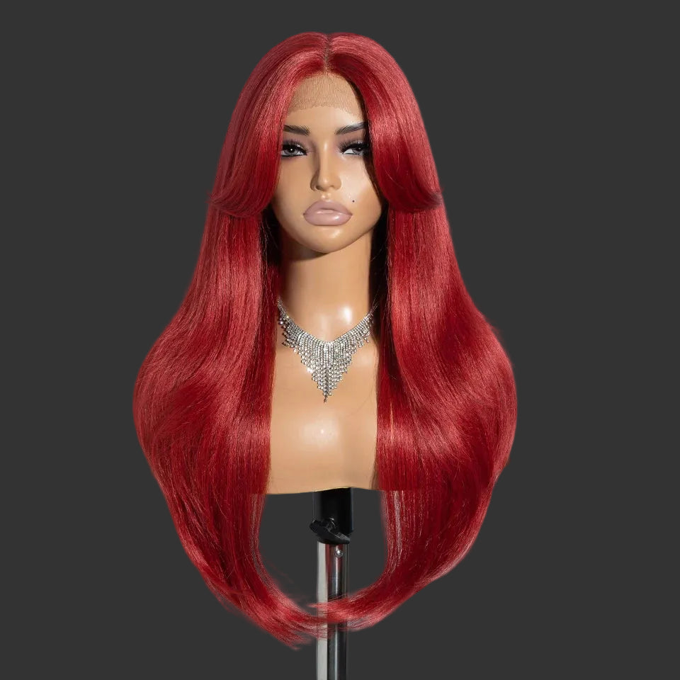 26-Inch Ombre Brown Highlight Blonde Synthetic Lace Front Wig with Bangs - Long Straight High Temperature Fiber Swiss Lace Wig - Transparent Lace Glueless Wig for Daily Use & Cosplay (197g) Luxegan