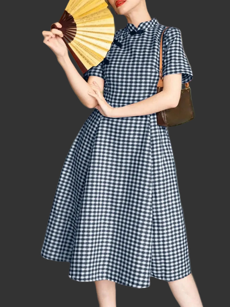 Plaid Stand Collar Short Sleeve Frog Button Regular Fit A-Line Mid-Calf Dress – Empire Waist, Summer Luxegan